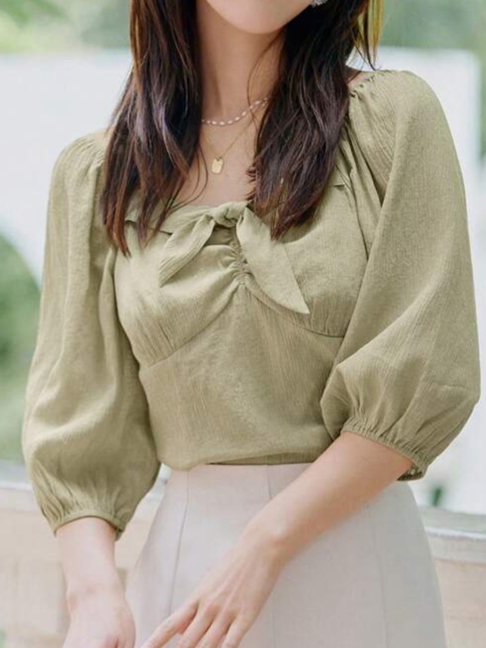 SHEIN Olive Green Tie-Front Puff Sleeve Blouse